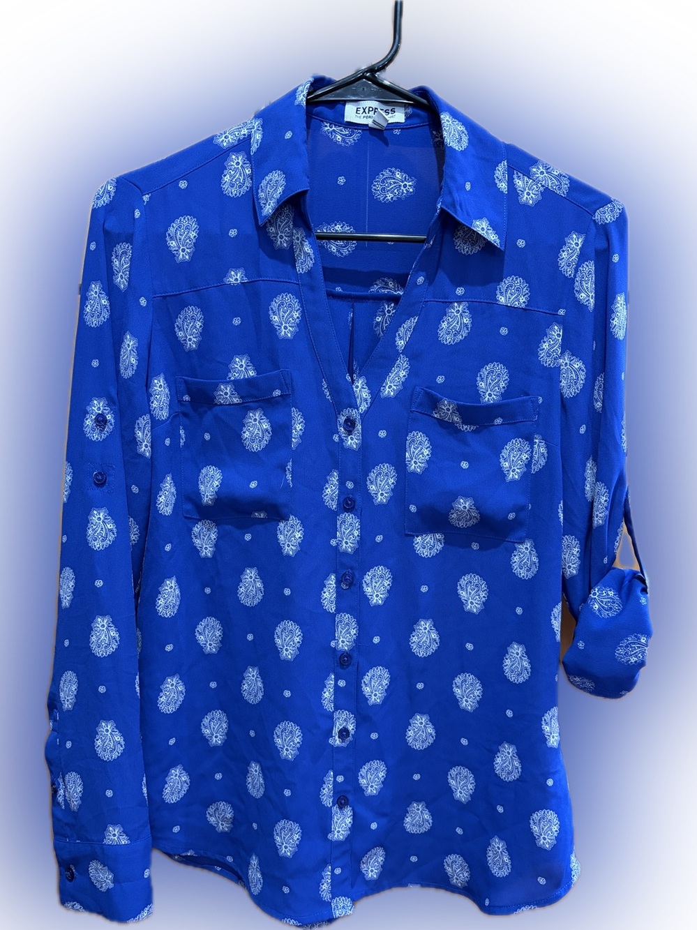 Express Portofino Royal Blue Button-Down with White Paisley Print S